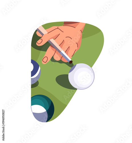 Billiard player aims at pocket and hits the ball with cue. Person plays snooker or pool on table with green cloth. Sports game, competition. Flat isolated vector illustration on white background