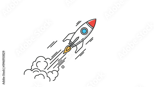 Cartoon line art illustration of a rocket ship blasting off into space with fire and clouds of smoke on a white background.