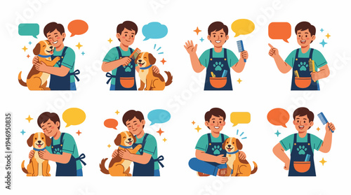 Dog Groomer Caring for Happy Pets with Tools and Speech Bubbles