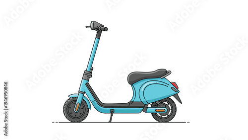 Side view illustration of a modern light blue electric motor scooter for urban commuting isolated on a clean white background.