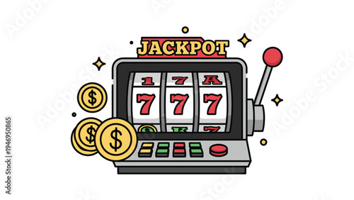 Classic slot machine displaying a jackpot winning combination of lucky number seven with gold dollar coins and sparkling stars.