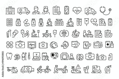 Comprehensive collection of medical and emergency icons in monochrome style