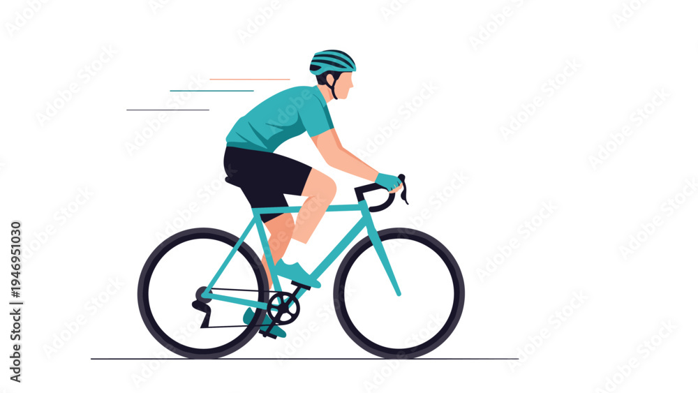 Fototapeta premium Professional cyclist in a helmet and jersey riding a fast road bicycle against a plain white background with motion speed lines.