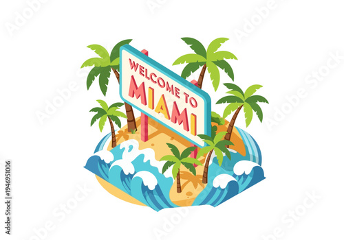 Welcome to Miami sign surrounded by palm trees and crashing waves, capturing the vibrant essence of a tropical island getaway