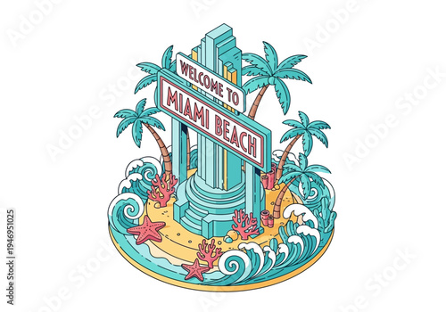Welcome to Miami Beach Isometric Illustration with Ocean Waves and Tropical Palm Trees