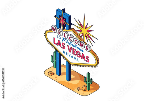 Iconic Welcome to Fabulous Las Vegas Nevada sign illustration with desert elements, a classic landmark symbol