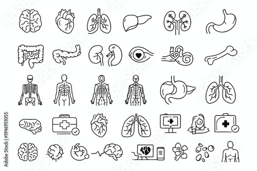 Illustrations of human anatomy and medical symbols with technology icons