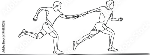 Continuous line drawing relay race runners passing baton, teamwork competition concept, athletes running track, minimal one line sports illustration