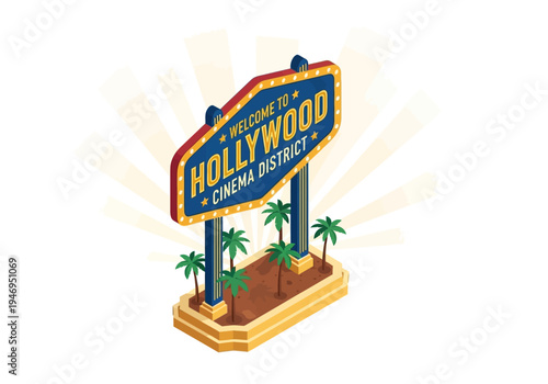 Welcome to Hollywood Cinema District A vibrant illustration of a classic Hollywood sign with palm trees, signifying entertainment and cinematic culture