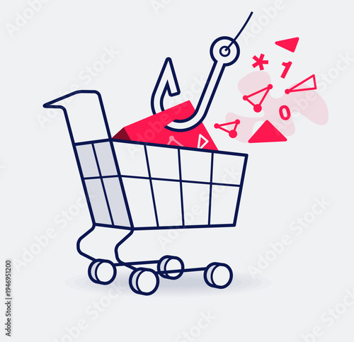 Online shopping fraud symbol with a shopping cart with fake goods and fishing hook. Easy to use for your website or presentation.