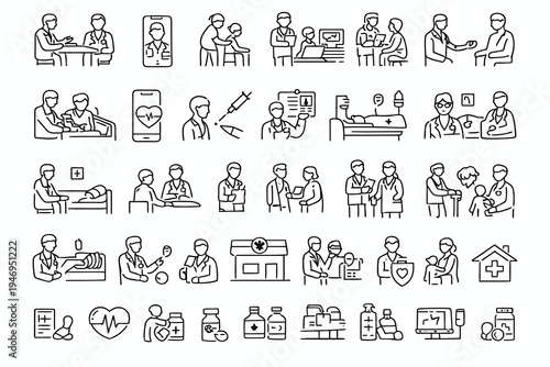 Illustrations of various healthcare and medical service scenarios