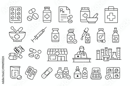 Comprehensive illustration of pharmacy and medical supplies icons