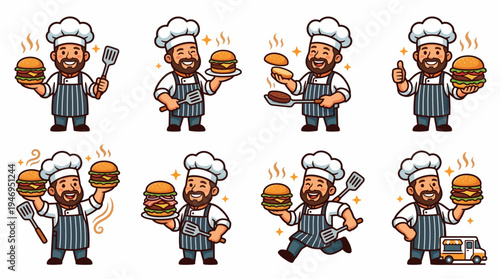 Happy Chef Holding Burgers, Food Truck, Vector Icons