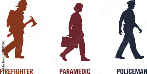 Firefighter, paramedic and policeman silhouette illustration showing emergency service workers walking with equipment, public safety heroes, rescue team professionals