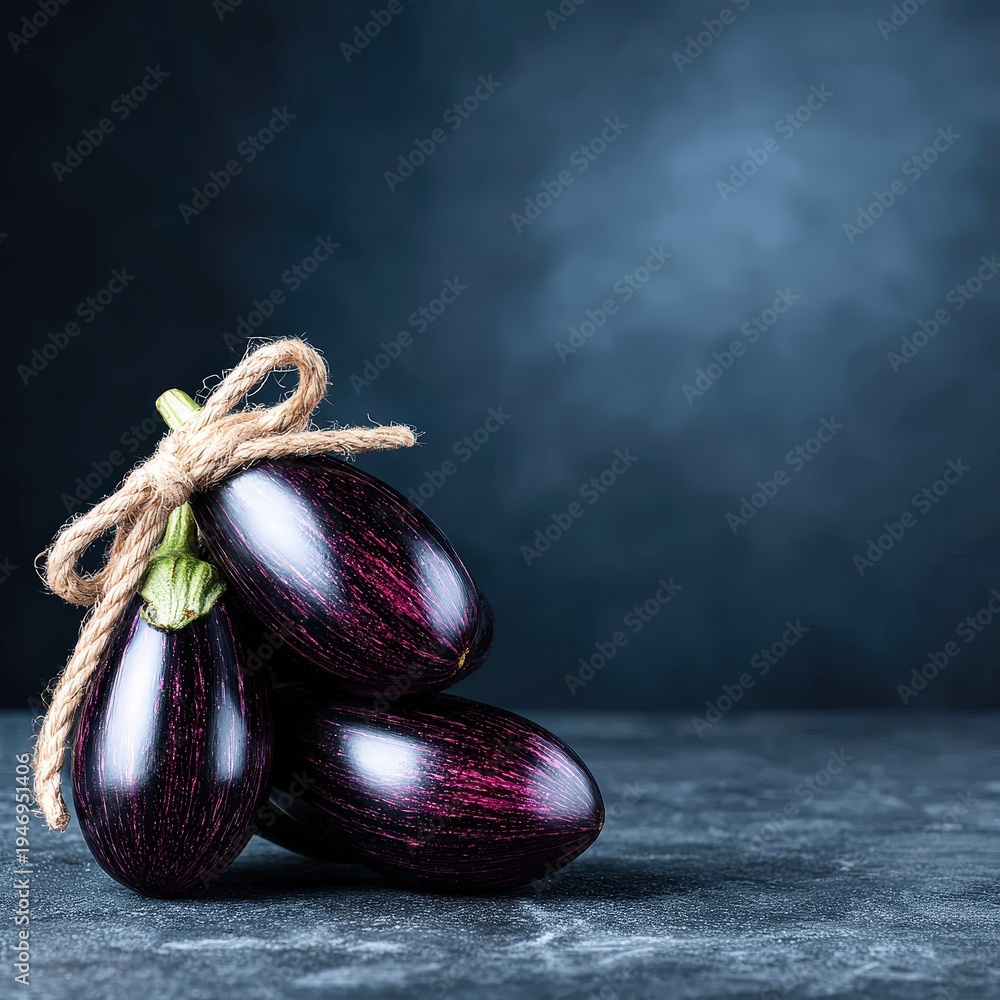 Obraz premium Eggplants with Rope Tie on Dark Surface in Studio Setting