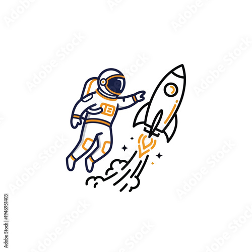 Line art illustration of an astronaut floating next to a launching rocket with orange flames.