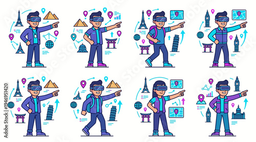 Man exploring world landmarks with VR headset, travel concept