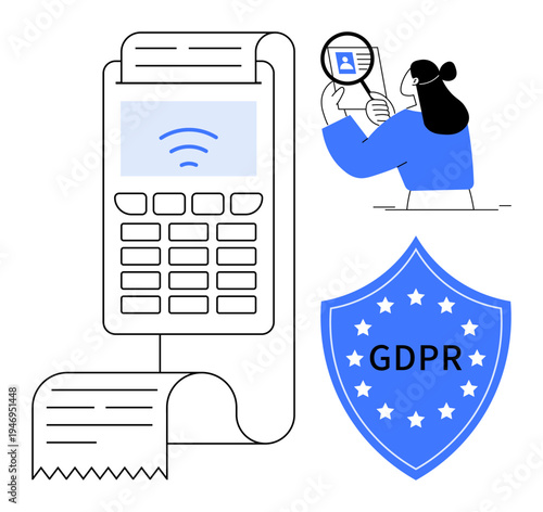 GDPR compliance theme wireless payment technology, data privacy practices for secure transactions, and individual data scrutiny. Suitable for privacy protection, compliance, fintech, cybersecurity