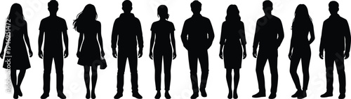 Group of diverse men and women standing silhouettes collection isolated, people crowd characters vector illustration for social and lifestyle concepts