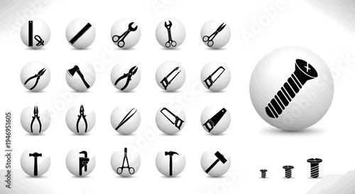 Collection of various black and white line-drawn icons depicting office supplies and tools