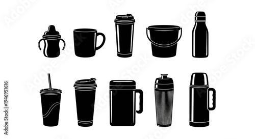 Assorted black and white travel and drinkware items collection