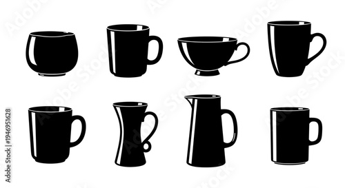 Varied styles of black coffee mugs and pitchers in silhouette design