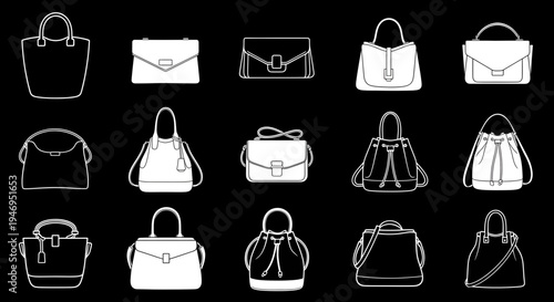Diverse collection of stylish handbags in minimalist line art design
