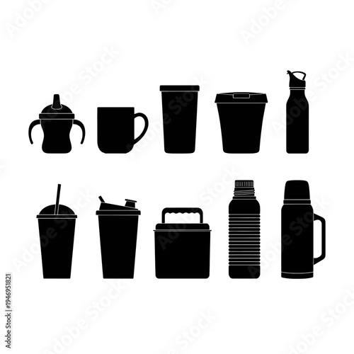 Collection of black travel and drinking containers in silhouette style