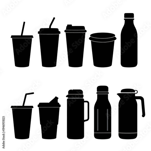 Assorted beverage containers including cups, bottles, and pitchers in black silhouette