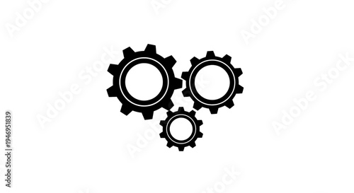 Three interlocking gears of varying sizes in black and white design
