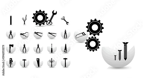 Collection of icons representing various gears and tools for mechanical or engineering themes