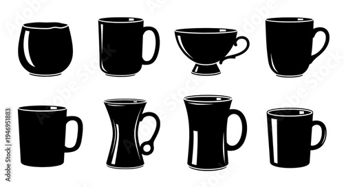 Assorted black silhouette mugs and cups in a variety of designs and shapes