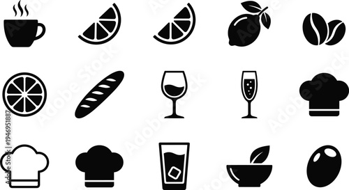Minimal black food and beverage icons collection featuring coffee, citrus, bread, wine glasses, chef hats, and olives