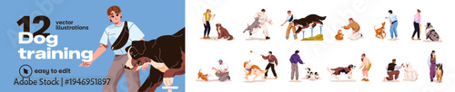 Dog training set. Owners with their pets do obedience exercises and play on playground. Trainers train puppies, teach animals different commands. Flat isolated vector illustrations on white background