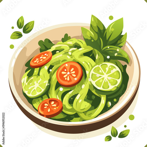 Vector illustration of Thai green salad som tum with lime slices, chili peppers, and fresh herbs in a bowl, top view, isolated on a white background