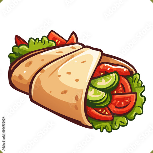 Vector illustration of doner kebab wrap with fresh vegetables and sliced meat in flatbread, street food meal isolated on a white background