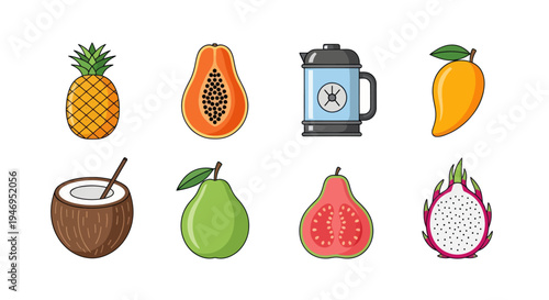 Colorful tropical fruits and a kettle illustration