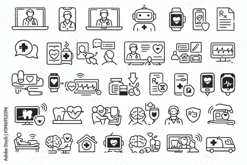 Comprehensive illustration of modern healthcare technology and telemedicine applications