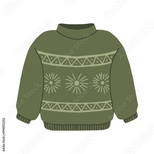 Olive green knitted sweater with nordic pattern vector illustration. Hand drawn style green woolen jumper isolated on white background