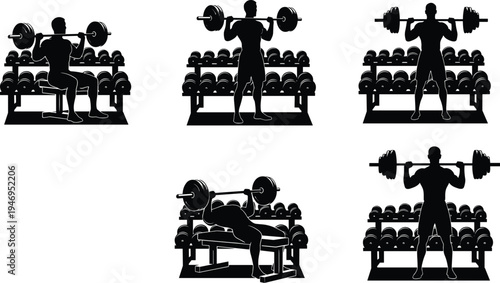 Set of barbell strength training exercises with bench press, squat, and shoulder press silhouettes in gym vector illustration
