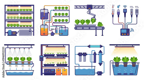 Smart farming icons: Hydroponics, Aeroponics, Vertical Farming