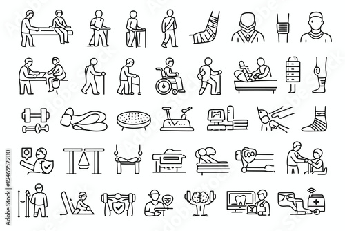 Illustrations of various physical therapy and rehabilitation activities and equipment