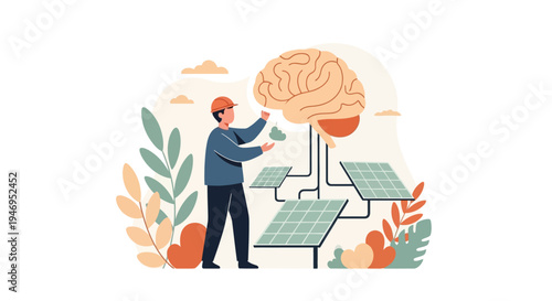 Man interacting with large brain model.