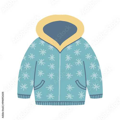 Blue winter hoodie jacket with snowflake pattern vector illustration. Hand drawn style warm winter hooded coat icon for seasonal design