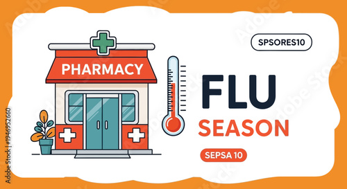 Pharmacy Building And Thermometer Indicate The Upcoming Flu Season's Potential Health Risks