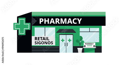 Pharmacy Building Exterior Design with a Green Cross, Modern and Graphic Representation