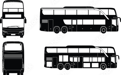 Double decker bus silhouette set, city transport vector icons, coach bus side front back view, public transportation vehicle isolated outline, travel.