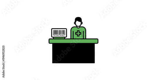 Pharmacy Counter Illustration Featuring a Healthcare Professional and Barcode Scanner