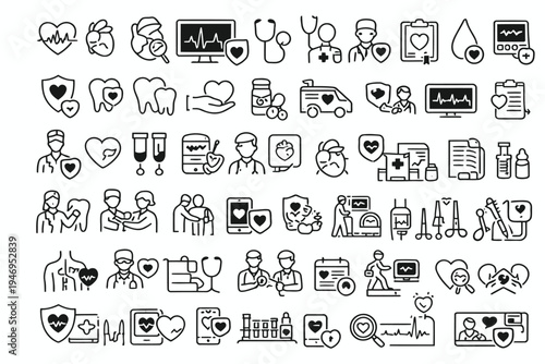 Comprehensive illustration of various healthcare and medical icons