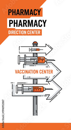 Pharmacy Direction Center Signpost Depicting Vaccination Information for Health and Wellness